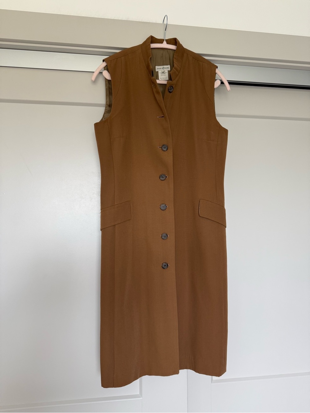 Dries Van Noten Wool Sheath Button Front Dress Sleeveless Mock Neck